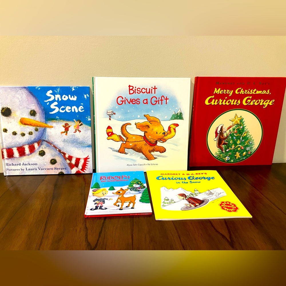 5 Christmas/Winter Children’s Books- Curious George, Biscuit, Rudolph- EUC